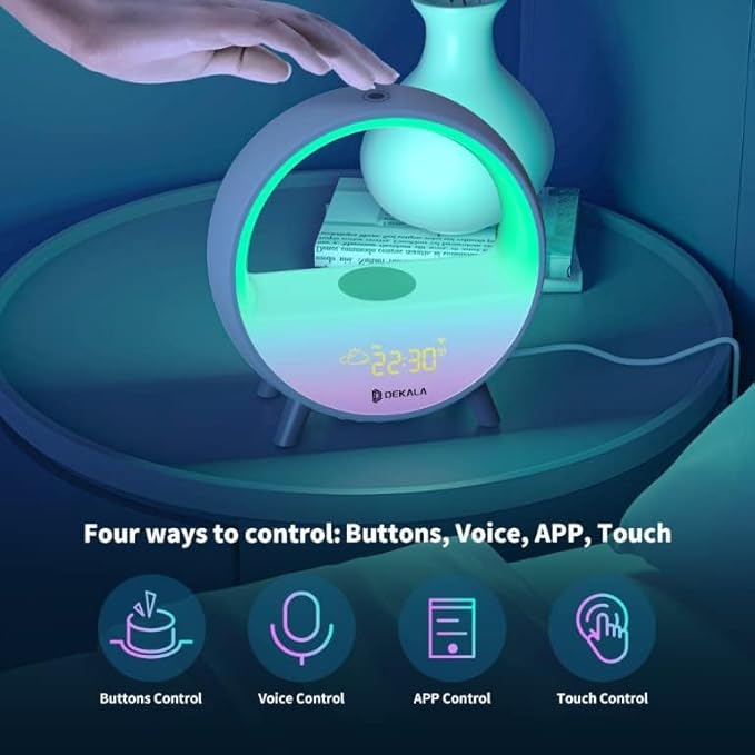Dekala Arches Gradual Sunrise Alarm Clock with Wireless Charging, Sunset White Noise Sound Machine Loud Sunsire Alarm Clock for Heavy Sleepers Smart Ambient Lamp Sunrise App/Touch Control 2.4G WiFi