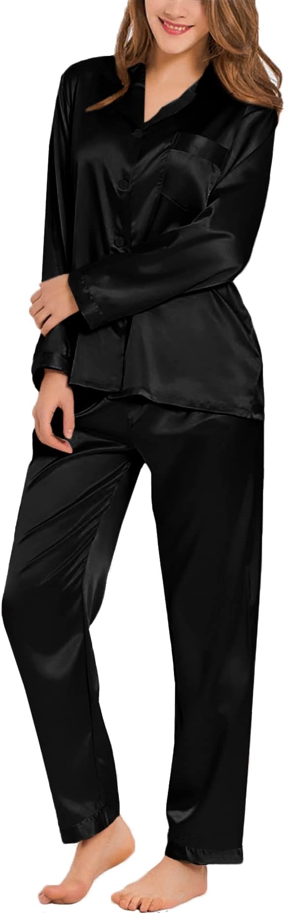 SWOMOG Long Sleeve Pajamas Set Silk Satin Sleepwear Button Down Pjs Loungewear with Pocket