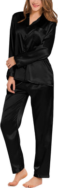 SWOMOG Long Sleeve Pajamas Set Silk Satin Sleepwear Button Down Pjs Loungewear with Pocket