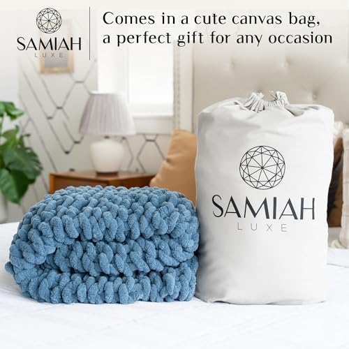 SAMIAH LUXE Chunky Knit Blanket Throw 50x70, Blue Chenille Chunky Knit Throw Blanket for Living Room Decor or Boho Decor, Thick Yarn Knitted Blankets for Couch or Bed, Cable Knitted Crochet Blankets