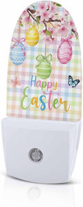 Happy Easter Eggs Blossom Peach Night Light Plug into Wall, Butterfly on Colorful Checker Popsicle Shape Night Light Nightlight with Light Sensors for Kids Bedroom Hallway