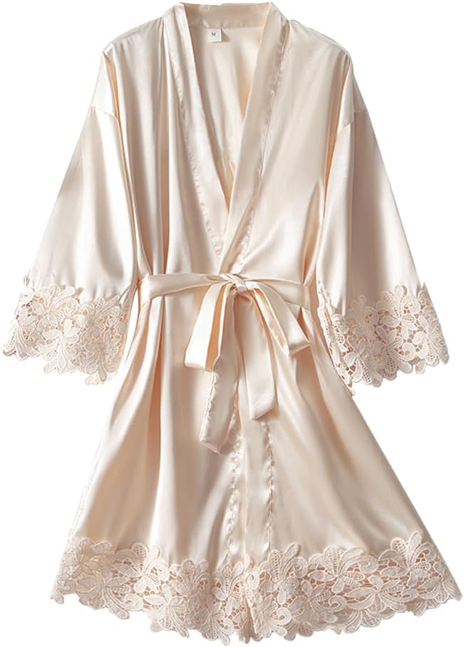 Womens Lace Robe Silk Robes Short Bridal Robe, Sleepwear Wedding For Bridal Bride Bridesmaid Soft Kimono Robes