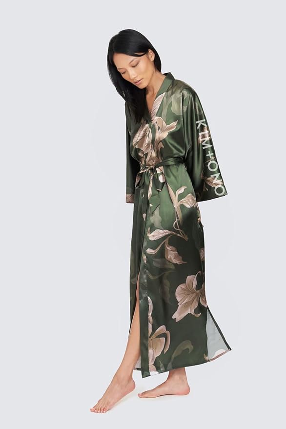 KIM+ONO Plus Size Luxury Kimono Robe for Women | Long Satin Floral Robe | Original Design | Removable Waist Tie Closure