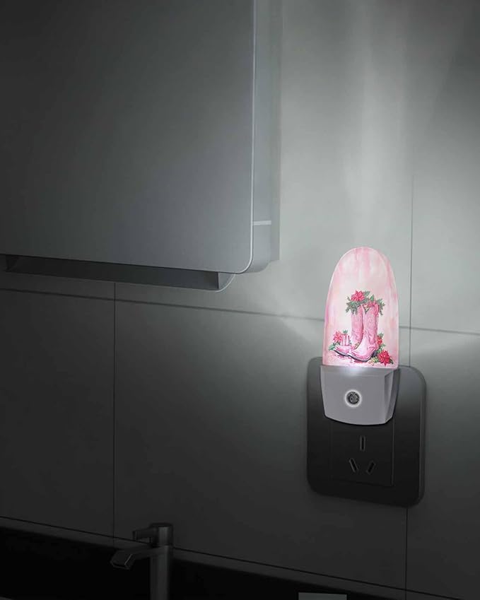 Night Light Plug into Wall, Xmas Western Peach Cowboy Boots Poinsettia Flower Leaf Berry Watercolor Vintage Popsicle Shape Night Light LED Nightlight with Light Sensors for Kids Bedroom Hallway