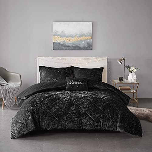 Intelligent Design Queen Comforter Set, Velvet Comforter Set , Luxury Diamond Quilting Comforter Set, Fluffy Comforter Bed Set with Decorative Pillowand 2 Shams, 4 Piece Black, Full/Queen