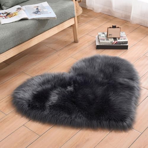 Faux Fur Sheepskin Heart Shaped Area Rugs, 16"x20" Luxurious Wool Love Floor Carpets Bathroom Non-Slip Mat for Home Decor Nursery Living Room Bedroom Pet Kids and Baby Room (Dark Grey)