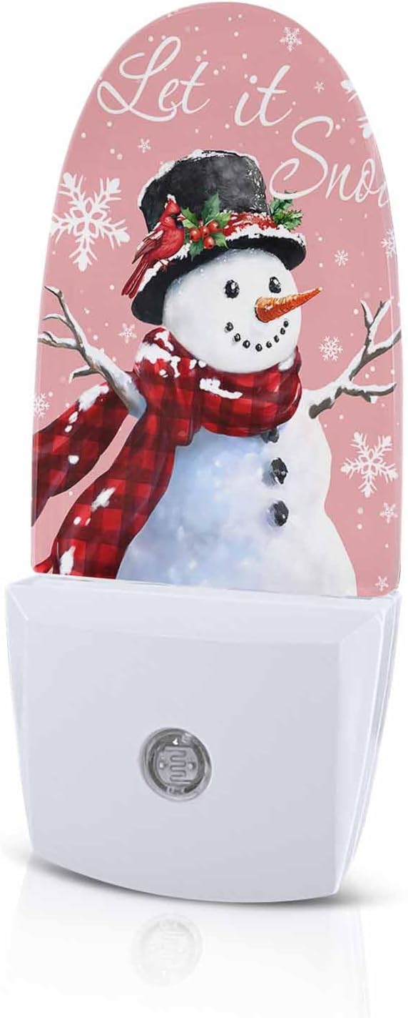 Christmas Snowman Red Plaid Scarf Night Light Plug into Wall, Winter Snowflake Quotes Peach Popsicle Shape Night Light LED Nightlight with Light Sensors for Kids Bedroom Hallway