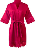 Womens Short Satin Robe Lace Trim Silk Kimono Sleepwear Bridesmaid Robes for Bride Wedding Party Nightgown