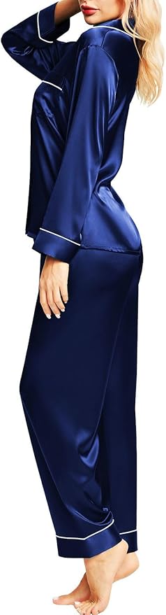 SIHA Satin Silk Pajamas for Women Pajama Set With Long Sleeve Button-Down Satin Pajamas Sleepwear XS-3XL