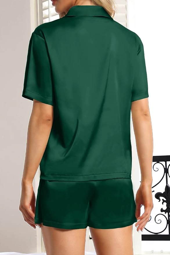 CHYRII Women's Silk Satin Pajamas Sets Tie Front Short Sleeve Tops and Shorts Two Piece Pj Sets Sleepwear