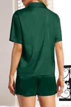 CHYRII Women's Silk Satin Pajamas Sets Tie Front Short Sleeve Tops and Shorts Two Piece Pj Sets Sleepwear