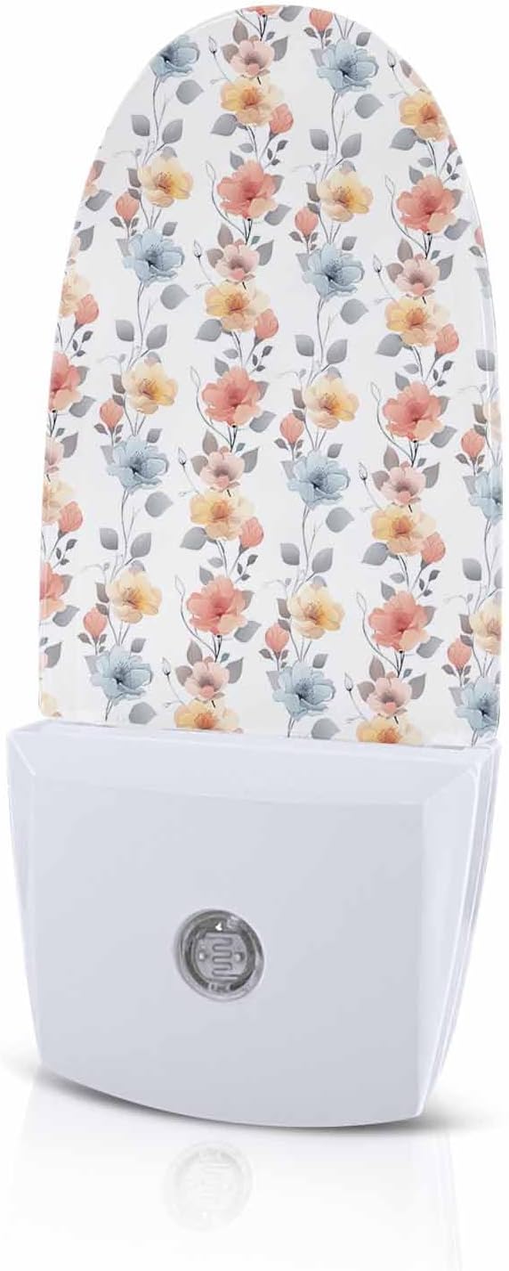 Night Light Plug into Wall, Spring Summer Floral Flowers Leaves Peach Yellow Light Blue Grey White Popsicle Shape Night Light LED Nightlight with Light Sensors for Kids Bedroom Hallway