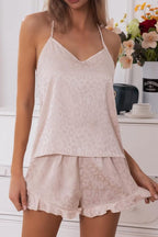 CHYRII Women's Sexy Silk Satin Ruffled Pajamas Sets Cami Shorts Sets Sleepwear