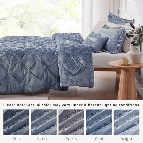 Intelligent Design Queen Comforter Set, Velvet Comforter Set , Luxury Diamond Quilting Comforter Set, Fluffy Comforter Bed Set with Decorative Pillowand 2 Shams, 4 Piece Blue, Full/Queen