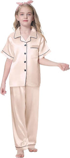 Umeyda Girls Womens Pajamas Set, Satin Silky Button Down Loungewear 2 Piece Short Sleeve Pants PJS Sets for Mommy Kids