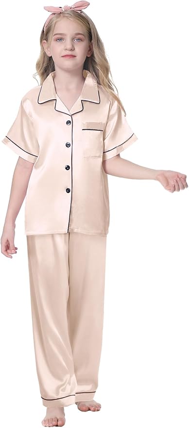 Umeyda Girls Womens Pajamas Set, Satin Silky Button Down Loungewear 2 Piece Short Sleeve Pants PJS Sets for Mommy Kids