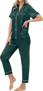 Women's Satin Pajama Set Short Sleeve Silk Top and Pants Set Classic Button Down 2-Piece Sleepwear Loungewear