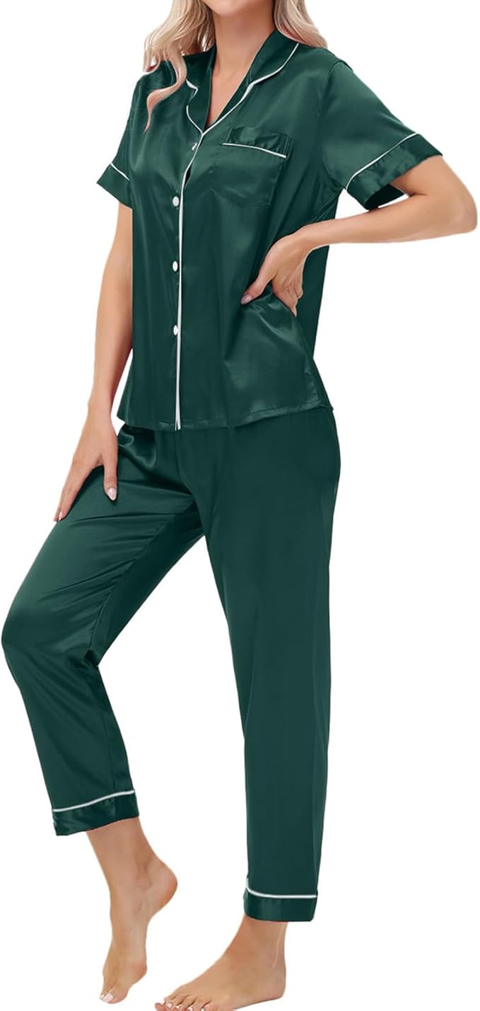 Women's Satin Pajama Set Short Sleeve Silk Top and Pants Set Classic Button Down 2-Piece Sleepwear Loungewear