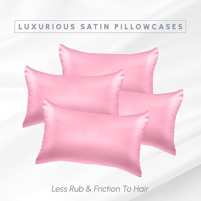 Elegant Comfort 4-Pack Cooling Viscose Satin Pillowcase Set with Hidden Zipper Closure, Silky Smooth for Hair and Skin Care-Beautiful Gift Box-4-Piece Satin Pillowcase Set, Standard/Queen, Light Pink