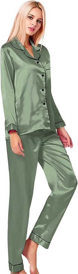 SWOMOG Womens Silk Satin Pajamas Set Long Sleeve Button Down Sleepwear 2 Piece Lounge Set Pj Set XS-3XL