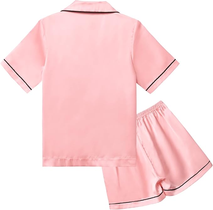 QPANCY Kids Satin Pajamas Sets Baby Boy Girl Button-Down Silk Sleepwear 2 Piece Short Sleeve Loungewear Clothes Set