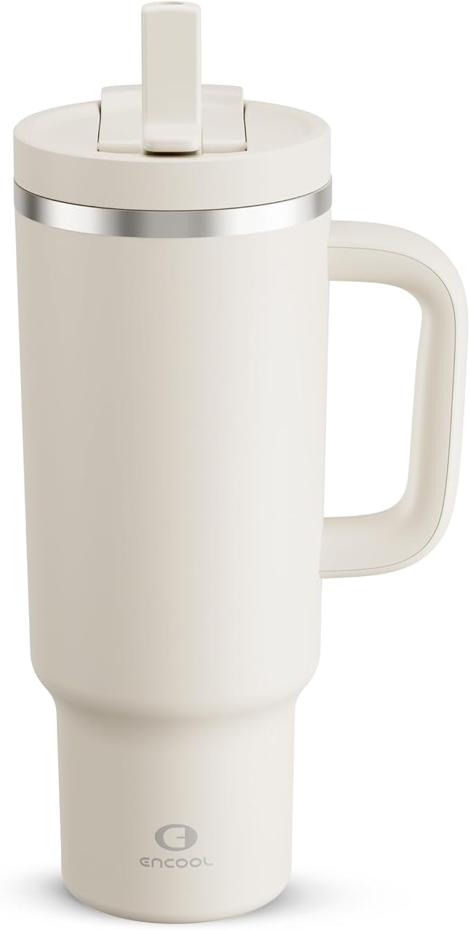 ENCOOL 40 oz Tumbler with Handle and Straw: Stainless Steel Insulated Tumbler Keeps Cold for 24 Hours, Leakproof Travel Cup Fits in Cup Holder and BPA-Free, Cream Moon