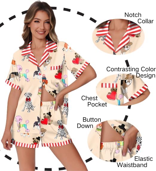 Ekouaer Womens Silk Satin Pajamas Set Animals Print Pjs Button Down Short Sleeve Lounge Set 2 Piece Sleepwear