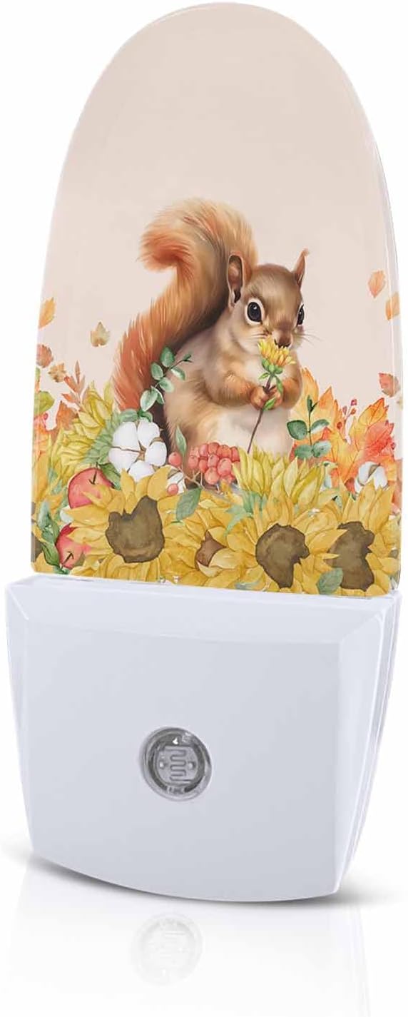 Night Light Plug into Wall, Thanksgiving Day Fall Squirrel Sunflowers Botanical Leaves Berries Peach Popsicle Shape Night Light LED Nightlight with Light Sensors for Kids Bedroom Hallway