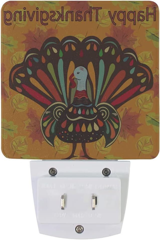 Plug in Night Light Lamp, Happy Thanksgiving Beautiful Colorful Ethnic Turkey Bird Autumn Dusk to Dawn Sensor LED Nightlight Smart Automatically Lights Bedroom, Bathroom, Kitchen, Hallway, Stairs, Ene