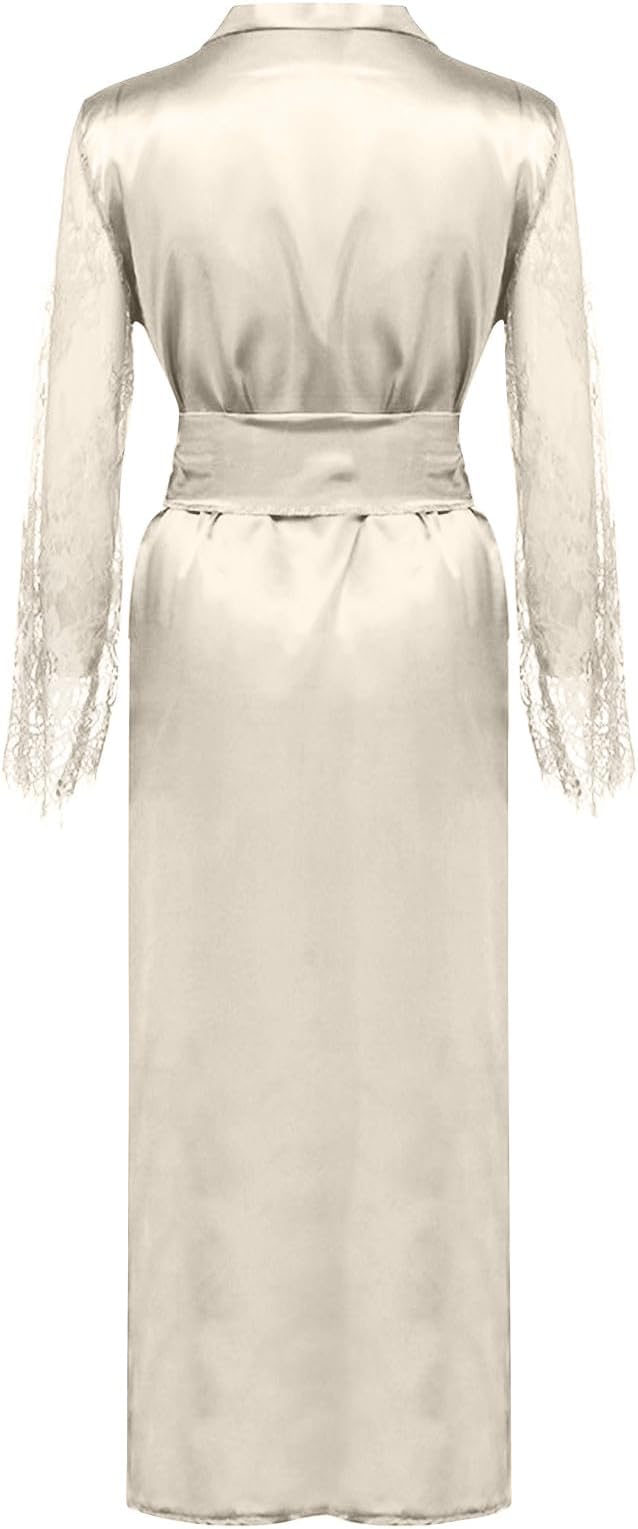 Mzkdieey Women's Floral Lace Robe Silk Kimono Bathrobe Long Bridesmaids Wedding Party Loungewear Sleepwear Dressing Gown