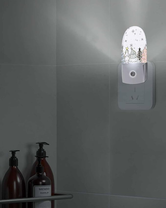Night Light Plug into Wall, Christmas Day Winter Pine Trees Snowflakes Blue Sage Green Black Peach White Popsicle Shape Night Light LED Nightlight with Light Sensors for Kids Bedroom Hallway