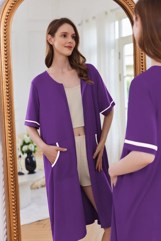 Ekouaer Women Zipper Robe Short Sleeve Duster Housecoat Short Bathrobes Zip Front Nightgown with Pockets S-3XL