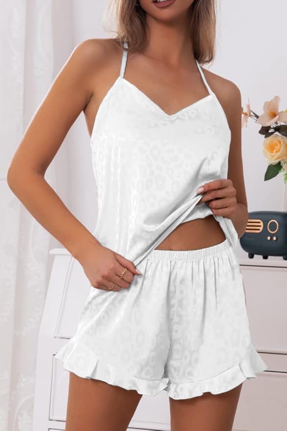 CHYRII Women's Sexy Silk Satin Ruffled Pajamas Sets Cami Shorts Sets Sleepwear