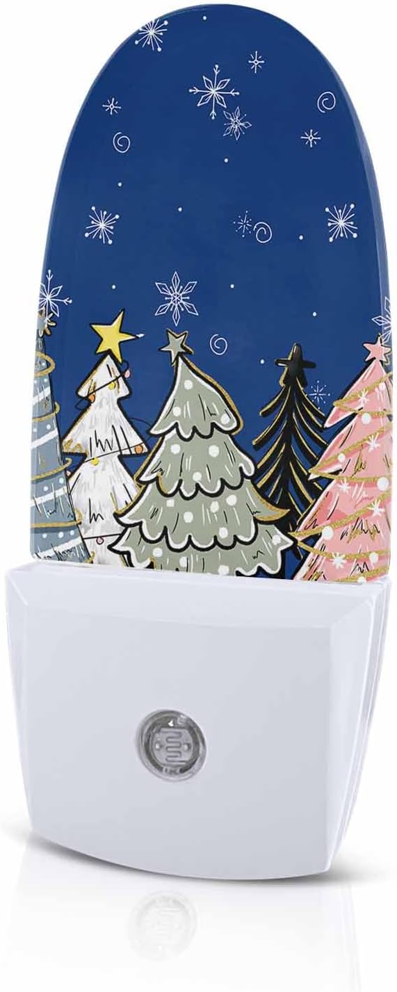 Night Light Plug into Wall, Christmas Winter Pine Trees Stars Snowflakes Sage Green White Peach Black Blue Popsicle Shape Night Light LED Nightlight with Light Sensors for Kids Bedroom Hallway