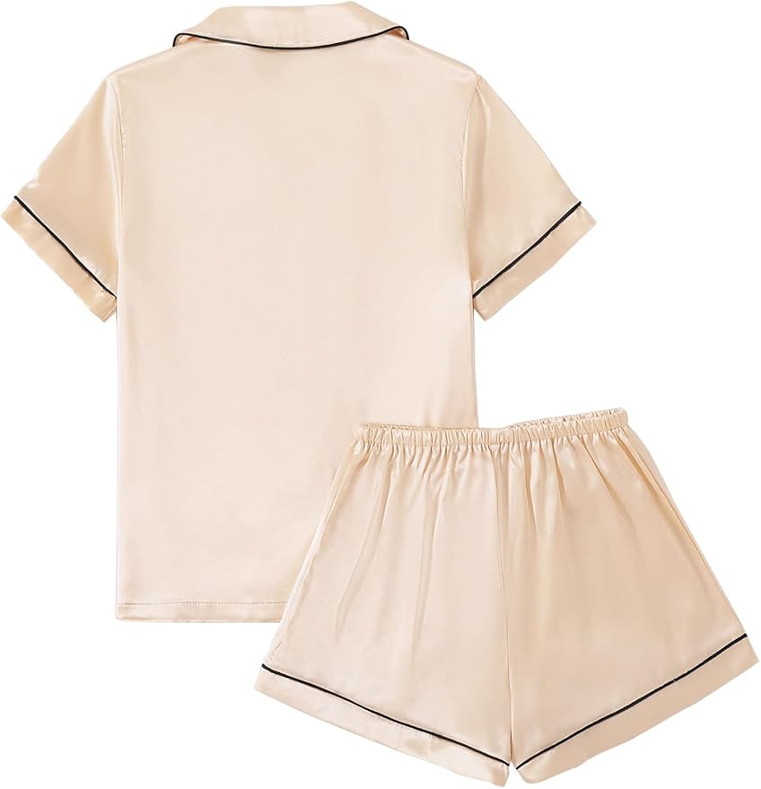 LYANER Women's Silky Satin Pajamas Set Short Sleeve Button Down Shirt With Shorts Pjs Set Sleepwear
