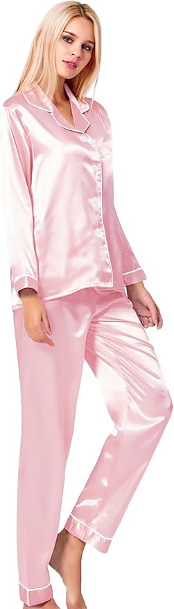 SWOMOG Womens Silk Satin Pajamas Set Long Sleeve Button Down Sleepwear 2 Piece Lounge Set Pj Set XS-3XL