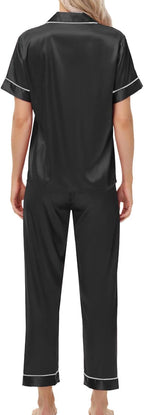 Women's Satin Pajama Set Short Sleeve Silk Top and Pants Set Classic Button Down 2-Piece Sleepwear Loungewear