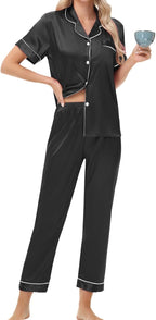 Women's Satin Pajama Set Short Sleeve Silk Top and Pants Set Classic Button Down 2-Piece Sleepwear Loungewear