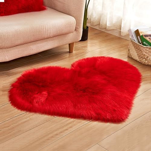 Faux Fur Sheepskin Heart Shaped Area Rugs, 12"x16" Luxurious Wool Love Floor Carpets Bathroom Non-Slip Mat for Home Decor Nursery Living Room Bedroom Pet Kids and Baby Room (Red)