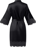 Womens Short Satin Robe Lace Trim Silk Kimono Sleepwear Bridesmaid Robes for Bride Wedding Party Nightgown