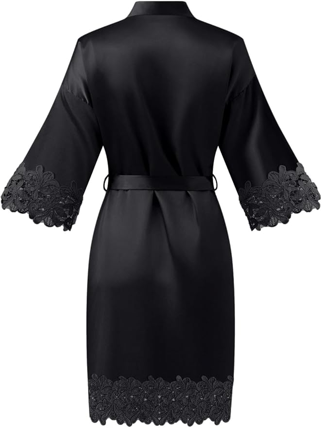 Womens Short Satin Robe Lace Trim Silk Kimono Sleepwear Bridesmaid Robes for Bride Wedding Party Nightgown