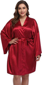Women's Plus Size Short Satin Kimono Robes Sleepwear Bathrobes Silky Dressing Gown