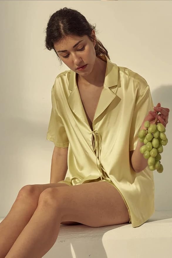 CHYRII Women's Silk Satin Pajamas Sets Tie Front Short Sleeve Tops and Shorts Two Piece Pj Sets Sleepwear