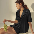 CHYRII Women's Silk Satin Pajamas Sets Tie Front Short Sleeve Tops and Shorts Two Piece Pj Sets Sleepwear