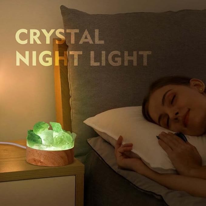 Runyangshi Fluorite Night Light with Natural Raw Green Crystal - USB Powered Focus Lamp for Study, Office, Meditation, Healing Crystal Decor with Wood Base, Clarity & Learning Aid