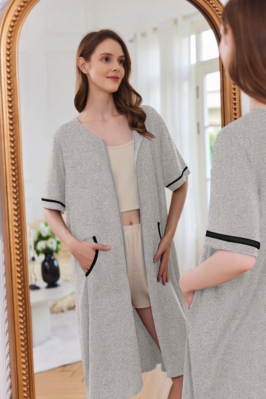 Ekouaer Women Zipper Robe Short Sleeve Duster Housecoat Short Bathrobes Zip Front Nightgown with Pockets S-3XL