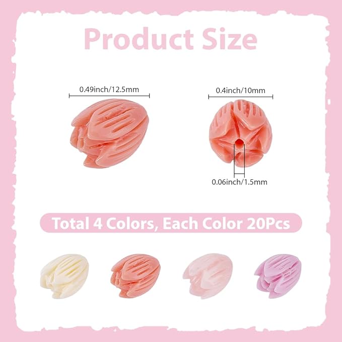 1 Box 4 Colors 80Pcs 13mm Large Acrylic Flower Beads Jasmine Flower Beads Pink Dyed Synthetic 3D Carved Coral Shell Loose Spacers for Jewelry Making Bracelet Necklace Earring Charms Decor