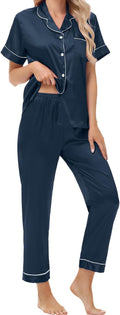 Women's Satin Pajama Set Short Sleeve Silk Top and Pants Set Classic Button Down 2-Piece Sleepwear Loungewear