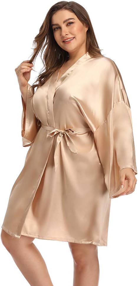 Women's Plus Size Short Satin Kimono Robes Sleepwear Bathrobes Silky Dressing Gown