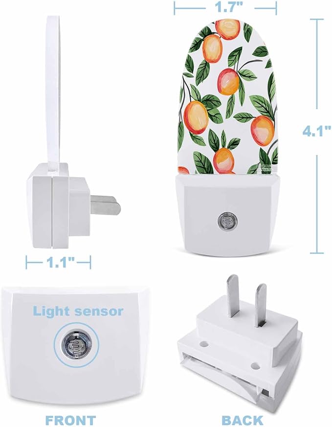 Spring Summer Country Peach on White Night Light Plug into Wall, Farmhouse Green Leaves Popsicle Shape Night Light Nightlight with Light Sensors for Kids Bedroom Hallway